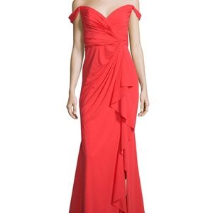 Badgley Mischka Red Off Shoulder Silk Ruffle